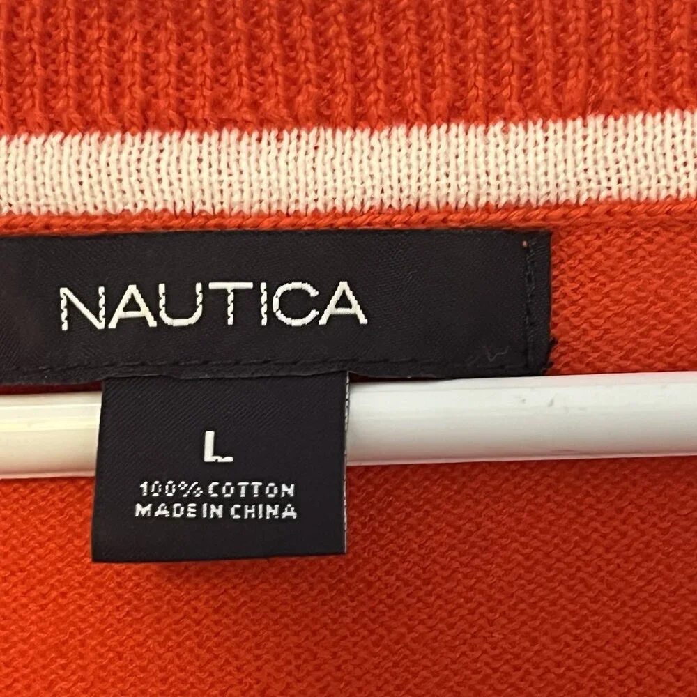 Nautica Women’s Sweater 100% Cotton Striped Size Large Red Coastal Sea Boat